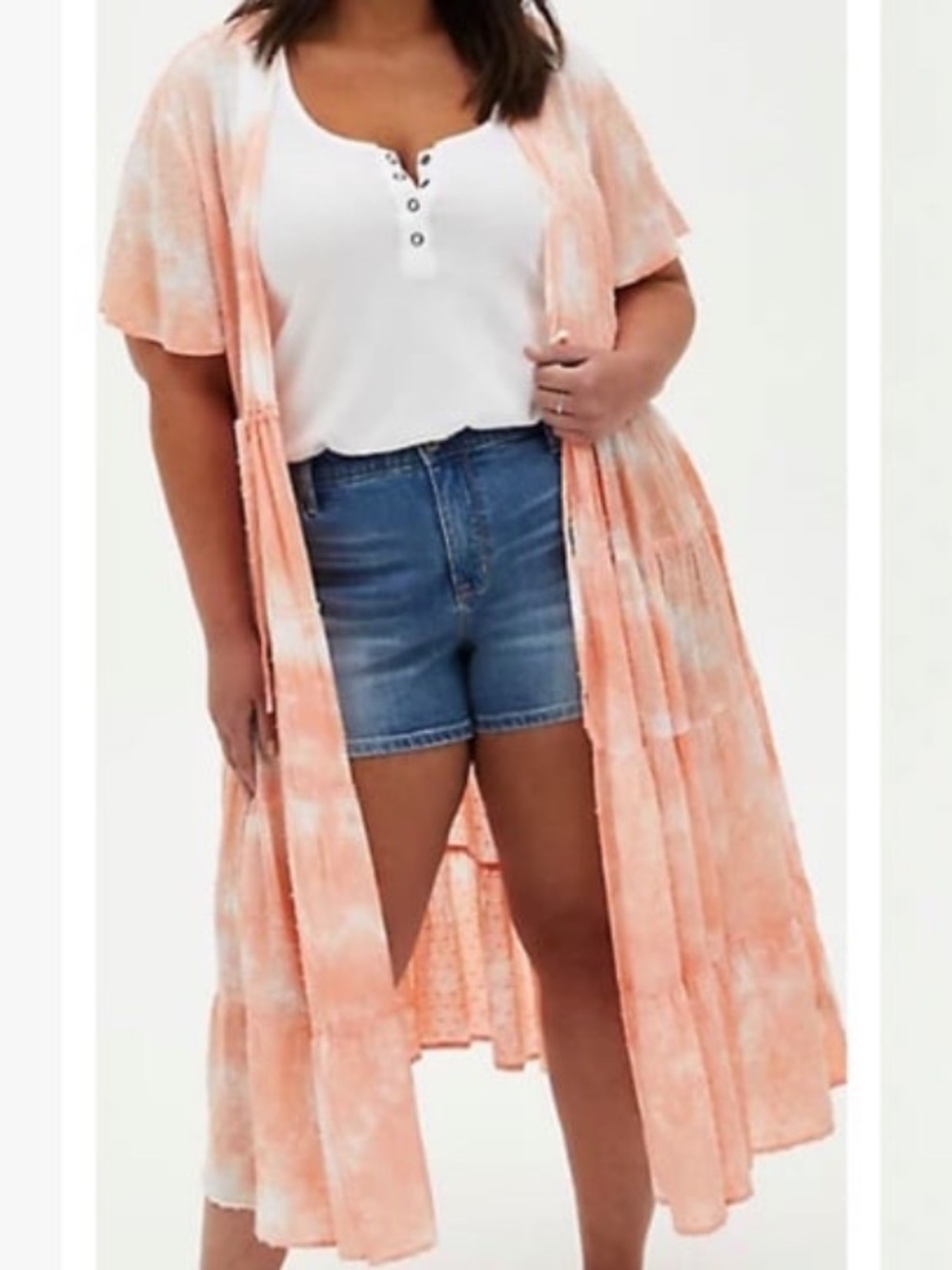 TORRID Peach Swiss Dot Tie-Dye Long Line Duster Swim Cover-Up Kimono. Size 1.